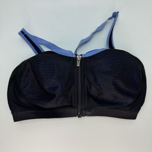 Victoria Sport Bra Zip Front Padded Mesh High Impact Workout Black Blue 36DD